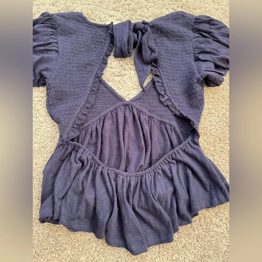 Free People Navy Smocked V-Neck Peplum Blouse